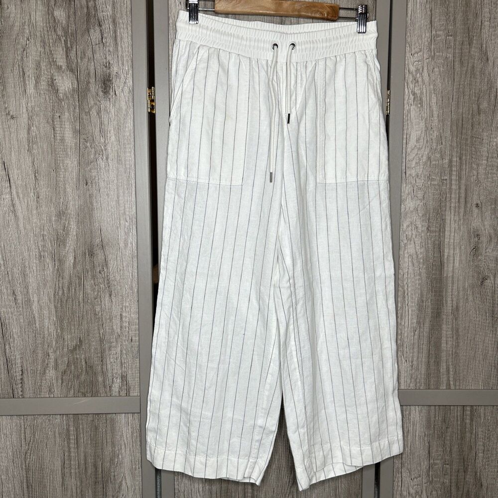 Athleta Cabo Linen Pants Size 2 Straight Wide Leg Striped White Gray